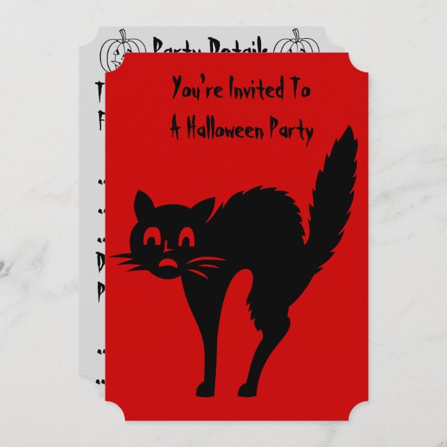 Invitación diseño divertido y enfadado de gato negro para hal (Anverso / Reverso)