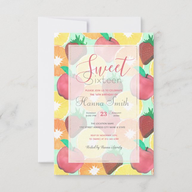 Invitación Diseño elegante de frutas de verano coloridas (Anverso)