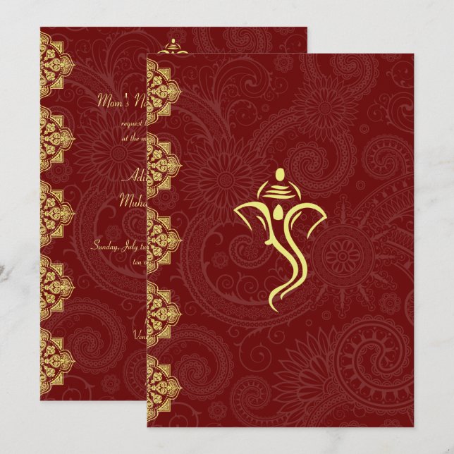 Invitación Diseño elegante de la boda de Vinayaka del rojo y (Anverso / Reverso)