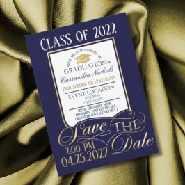 Invitación Diseño elegante, dorado, blanco y azul de graduaci