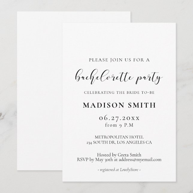Invitación Diseño elegante para despedida de soltera (Anverso / Reverso)
