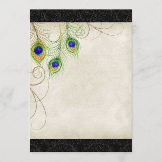 Invitación Diseño en blanco de Damasco negro de plumas de pav