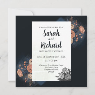 Invitación Diseño floral azul oscuro elegante con acentos de