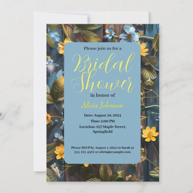Invitación diseño floral azul y amarillo bonito (Anverso)