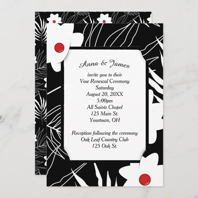 Invitación Diseño floral blanco en Boda negro (Anverso / Reverso)