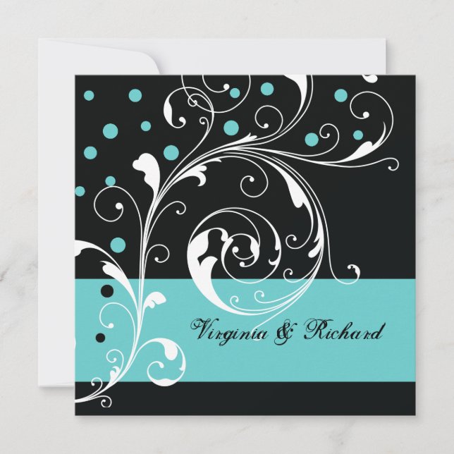 Invitación Diseño floral de diseño negro, boda acuático (Anverso)
