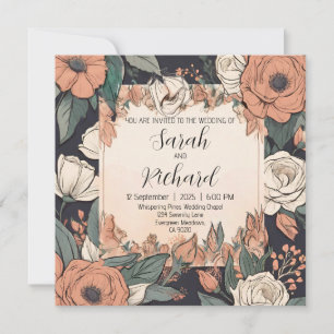 Invitación Diseño floral de moda con acentos corales y crema