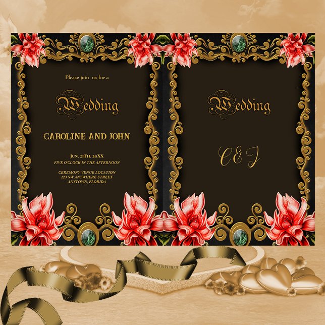 Invitación Diseño floral de oro real y rojo (elegant golden floral design)
