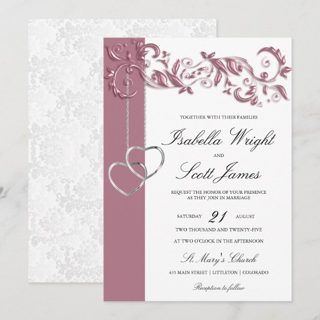 Invitación Diseño floral de oro Rosa (Anverso / Reverso)