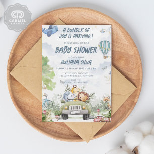 Invitación Diseño floral de oseo blanco azul cielo moderno