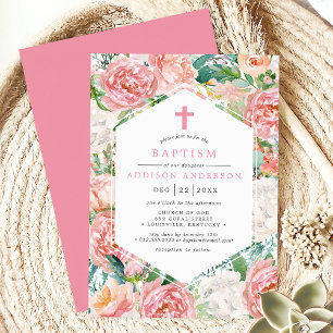 Invitación Diseño Floral de Peonía Rosa Elegante Bautizo