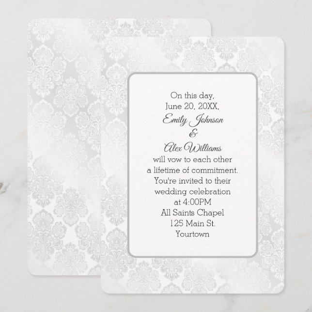 Invitación Diseño floral del Boda de damasco plateado (Anverso / Reverso)