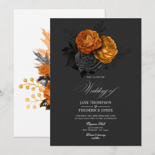 Invitación Diseño floral gótico negro y naranja elegante