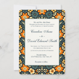 Invitación Diseño floral moderno en azul verde y naranja