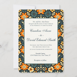 Invitación Diseño floral moderno en azul verde y naranja