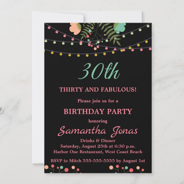 Invitación Diseño floral negro y rosa 30 fiesta de cumpleaños (Anverso)