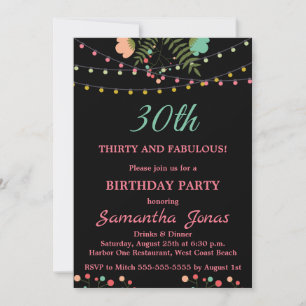 Invitación Diseño floral negro y rosa 30 fiesta de cumpleaños