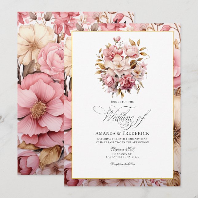 Invitación Diseño floral rosa y dorado de moda (Anverso / Reverso)