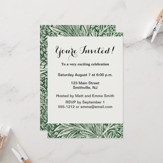 Invitación diseño floral verde caléndula de william morris (Anverso/Reverso In Situ)