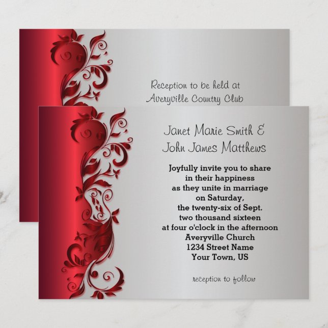 Invitación Diseño florido rojo y de plata elegante de la boda (Anverso / Reverso)