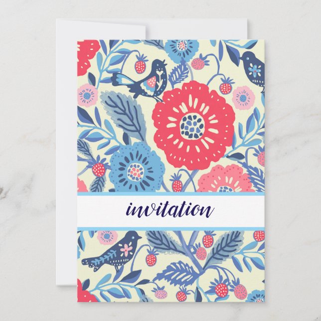 Invitación Diseño Folk De Aves Y Fresas (Anverso)