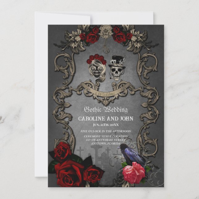 Invitación Diseño gótico con calaveras frescas (Anverso)