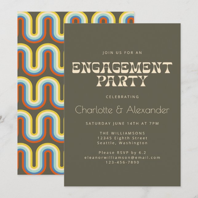 Invitación Diseño Groovy Retro 70 en la fiesta de compromiso  (Anverso / Reverso)