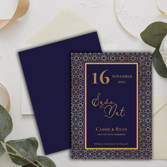 Invitación Diseño intrincado Boda de Oro Azul Guardar la fech (Intricate Design Blue Gold Wedding Save the Date Invitation)