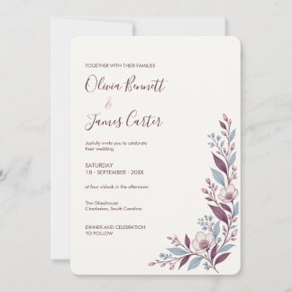 Invitación Diseño minimalista botánico en ciruela y azul suav