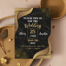 Invitación Diseño moderno de Bodas de mármol negro y oro