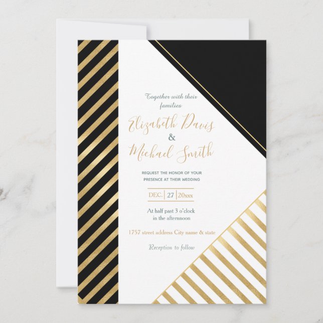 Invitación Diseño moderno de franjas de oro geométricas de bl (Anverso)