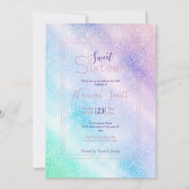 Invitación Diseño moderno Purpurina azul morado Ombre Glam (Anverso)
