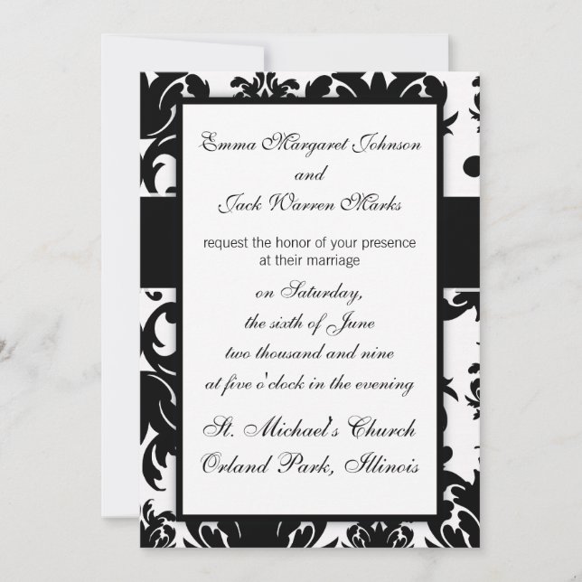 Invitación diseño ornamental de damasco blanco negro (Anverso)