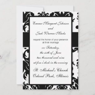 Invitación diseño ornamental de damasco blanco negro