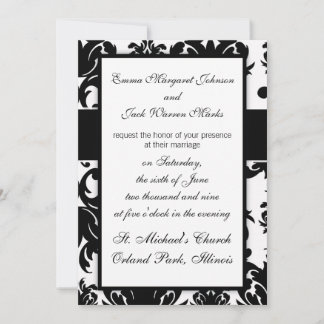 Invitación diseño ornamental de damasco blanco negro
