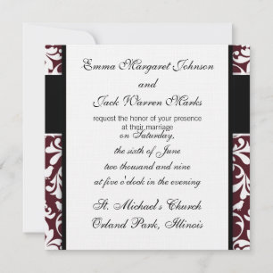Invitación diseño ornamental de damasco de ave blanca y burga