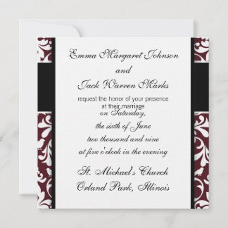 Invitación diseño ornamental de damasco de ave blanca y burga