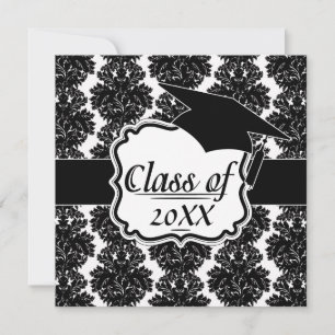 Invitación diseño pequeño y floreciente de damasco blanco neg