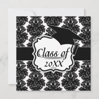 Invitación diseño pequeño y floreciente de damasco blanco neg