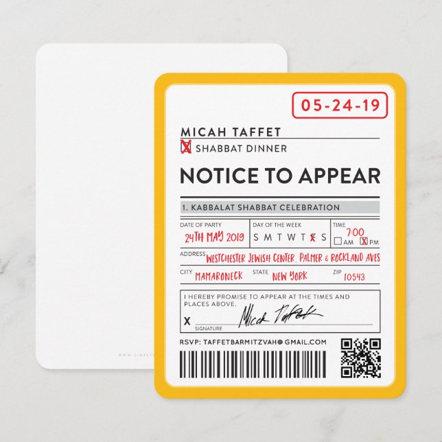 Invitación DISEÑO PERSONALIZADO Bar Mitzvah New York Ticket (Anverso / Reverso)