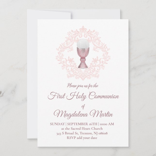 Invitación diseño rosa niña primera comunión (Anverso)