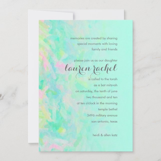Invitación Diseño rosa y de Bat Mitzvah Aqua (Anverso)