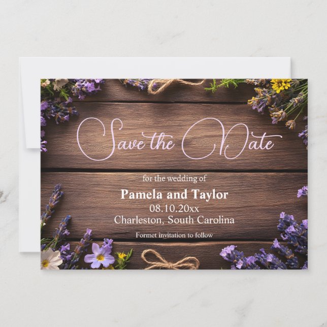 Invitación Diseño rústico, floral, lavanda y flor de campo (Anverso)