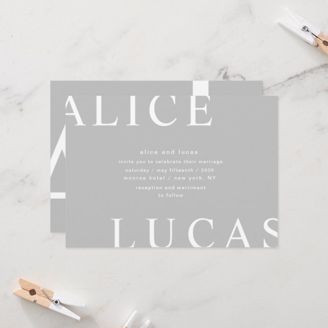 Invitación Diseño ultramoderno monogramas Boda gris (Anverso/Reverso In Situ)