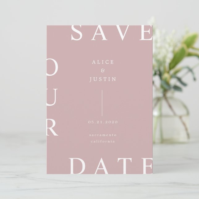 Invitación Diseño ultramoderno rosa y blanco salva la fecha (Anverso de pie)