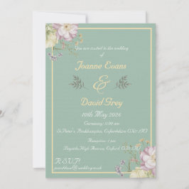 Invitación Diseño verde sabio, dorado y floral