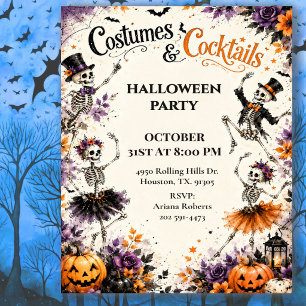 Invitación Disfraces Cócteles Bailando Esqueleto Halloween 