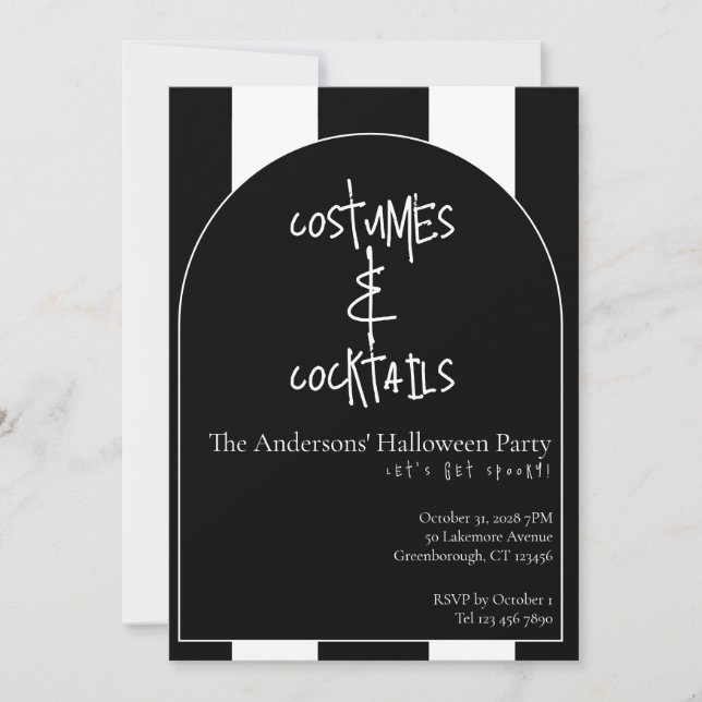 Invitación Disfraces Cócteles Halloween Negro Blanco Raya (Anverso)