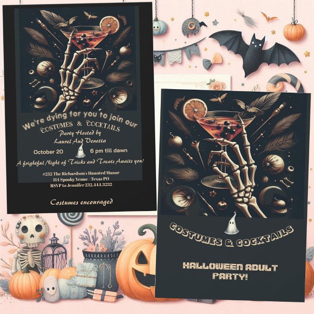 Invitación Disfraces cócteles Skeleton Fiesta de Halloween pa (Costumes Cocktails Skeleton Adult Halloween Party Invitation)