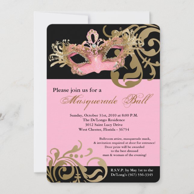 Invitación Disfraces de baile de máscaras rosadas Halloween (Anverso)
